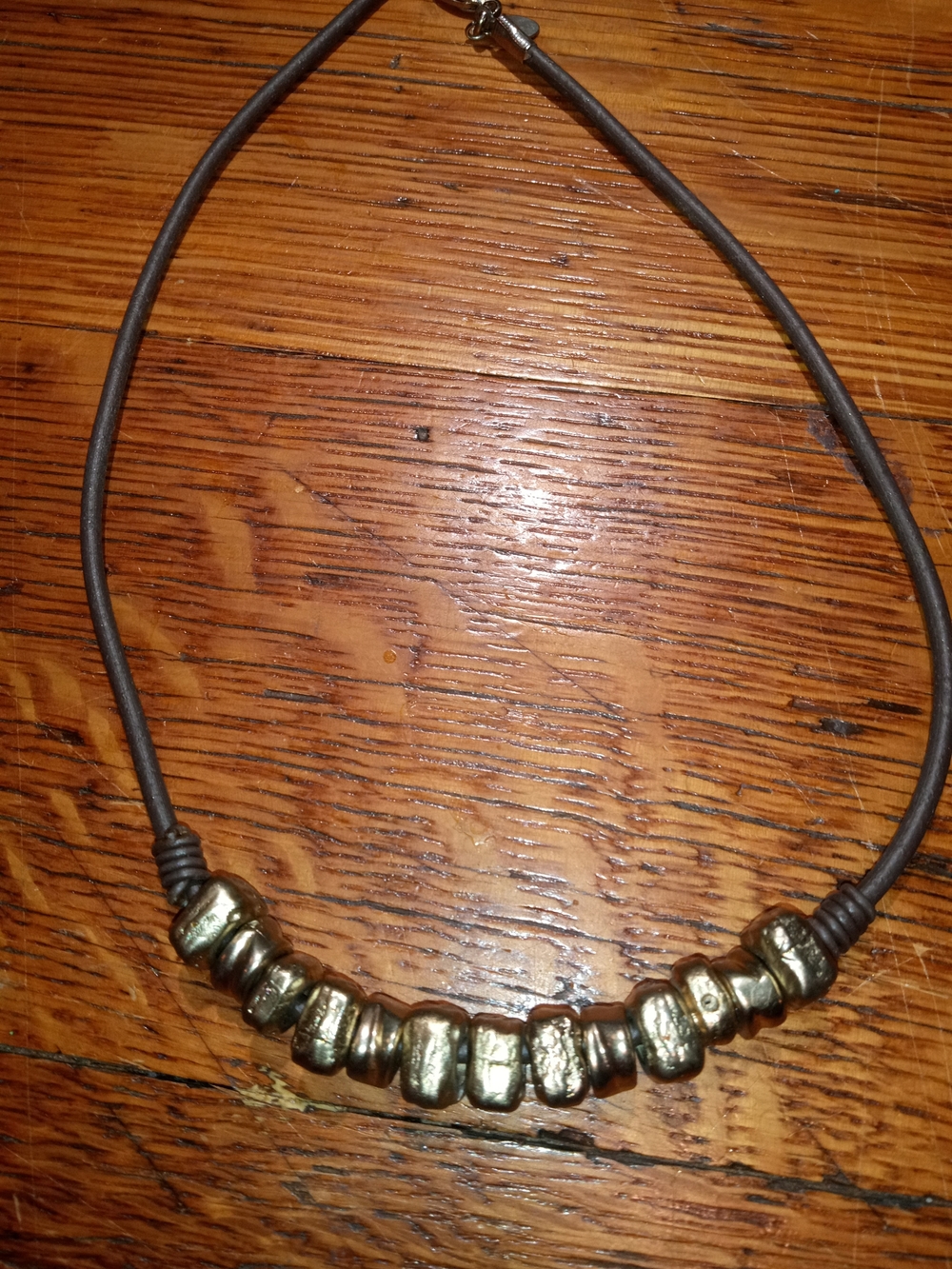 Chico's Grey Cord Necklace with Gold Metallic Beads